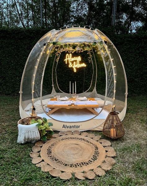 Romantic Tent Set Up, Picnic Bubble Tent, Bubble Tent Decor, Glam Picnic Ideas, Picnic In A Bubble, Bubble Tent Date Night, Tent Proposal, Tent Picnic Ideas, Bubble Tent Ideas