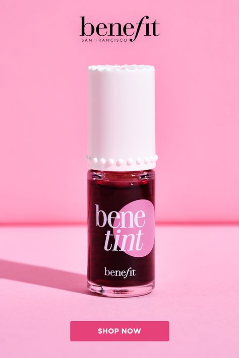 Benefit Cosmetics Rose-tinted lip & cheek stain. Long-wear. Natural-finish. Smudge-proof. Sheer and buildable. Liquid Blush. Bene Tint, Lip And Cheek Stain, Benefit Blush, Skincare Products Photography, Makeup Nails Designs, Lip Blush, Makeup List, Blush On Cheeks, Cheek Stain