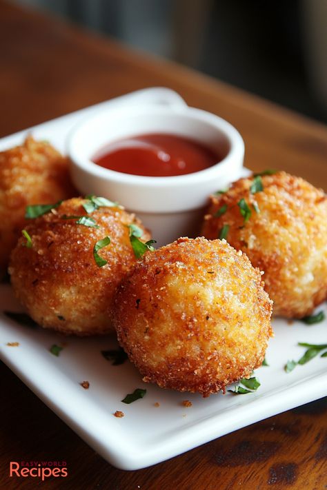 Cheesy Italian Arancini Balls Recipe - EasyWorldRecipes Easy Entrees Appetizers, Mini Rice Balls, Arancini Appetizer, Rice Balls Recipe Easy, Arancini Recipe Easy, Easy Fancy Appetizers, Antipasto Ideas, Sicilian Recipes Authentic, Italian Rice Balls Recipe