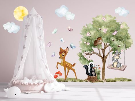 Bring the magic of Bambi into your child's room with our enchanting wall decal. Easy to apply and remove, this adorable design is the perfect way to add a touch of whimsy and wonder to your little one's space. A Bambi wall decal can be a delightful addition to a child's bedroom or nursery.  Measures of objects you can read on item images. PRODUCT FEATURES:  We make wall decals from a strong stickers WITHOUT PLASTICS. Our high-quality stickers are printed with ecologically-friendly colours and ar Bambi Nursery, Children Wallpaper, Woods Wallpaper, Wall Art For Kids Room, Bambi Baby, Art For Kids Room, Disney Decals, Wallpaper Nursery, Wall Art For Kids