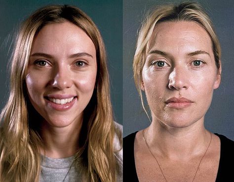 Scarlett Johanasson and Kate Winslet with no makeup for Vanity Fair Vanity Fair Hollywood Issue, Celebs Without Makeup, Chuck Close, Celebrities Before And After, Up Close And Personal, No Makeup, Kate Winslet, Without Makeup, Free Makeup