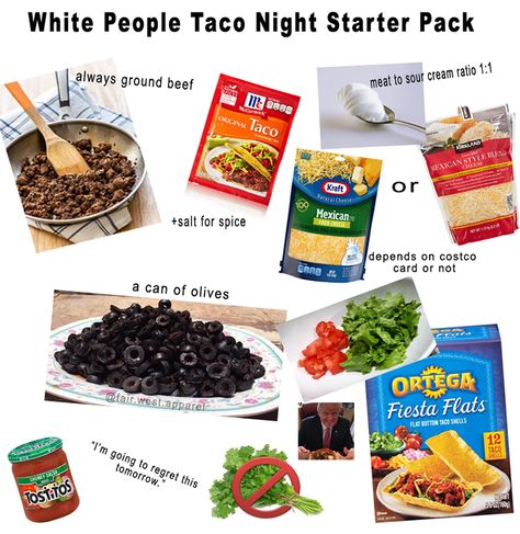 White People Taco Night (Definitely Not Authentic Mexican Food) | Mediocre Chef Taco Night Recipes Beef, White People Taco Night, White People Food, Sweet Chili Doritos, Hannah Core, Canning Refried Beans, Authentic Mexican Food, Oaxaca Cheese, America Party