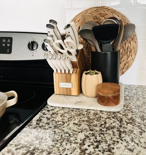 Kitchen counter styling, knife block, utensil holder, salt locker Kitchen Counter Knife Block, Kitchen Counter Utensil Display, Kitchen Knife Organization, Knife Block On Counter, Kitchen Utensil Organization Ideas, Counter Styling, Kitchen Counter Styling, Kitchen Countertop Decor, Knife Organization