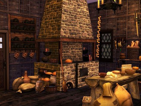 Kiolometro's Medieval Bakery Sims 4 Medieval Cc, Medieval Bakery, 1900s Aesthetic, Sims 4 Medieval, Medieval Interior, Sims Medieval, Old Windmills, Coffee Shop Aesthetic, Medieval Life