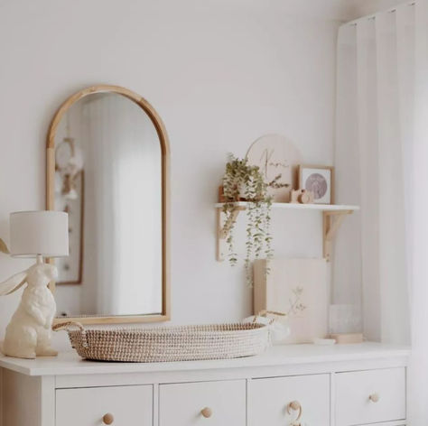 We're in love with this beautifully styled nursery + playroom! 😍

Soft tones + Sheer Curtains create a serene + calming atmosphere, perfect for little ones to relax or play in. Arched Mirror Nursery, Mirror In Baby Nursery, Arch Mirror Nursery, Nursery Mirror And Shelves, Shelving In Nursery, Nursery Dresser With Mirror, Nursery Gold Mirror, Above The Dresser Nursery Decor, Arch Mirror Above Dresser