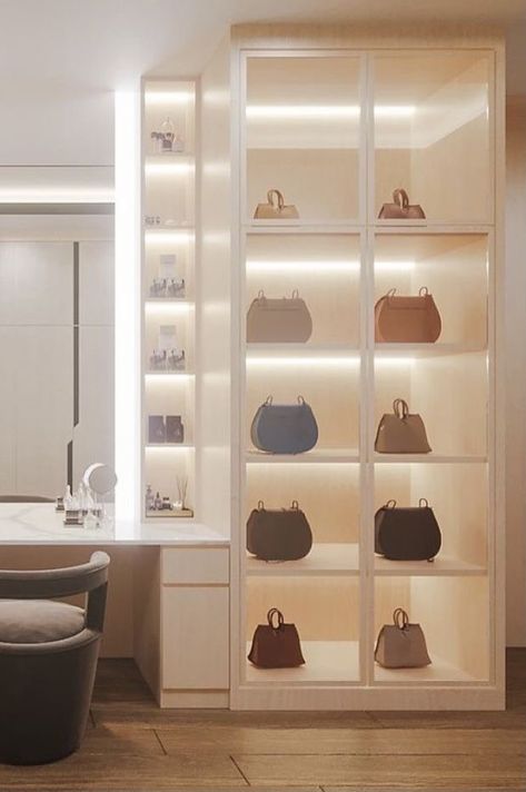 Bag Display Closet, Bag Display Ideas Bedroom, Bag Display Cabinet, Meja Makeup, Skincare Shelfie, Glass Closet, Bag Closet, Dream Closet Design, Walk In Closet Design