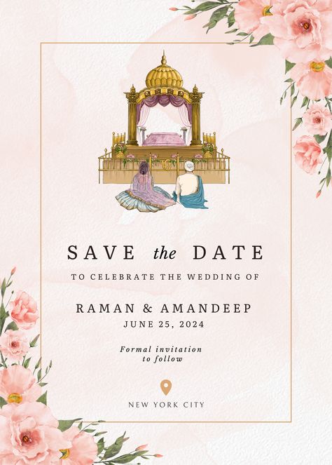 Blush pink floral Save the dates for Anand Karaj Save The Date Invite Ideas, Anand Karaj Invitation, Wedding Ecards, Sikh Wedding Invitations Cards, Save The Date Illustrations, Sikh Wedding Invitation, Wedding Illustration Card, Digital Wedding Invitations Design, Anand Karaj