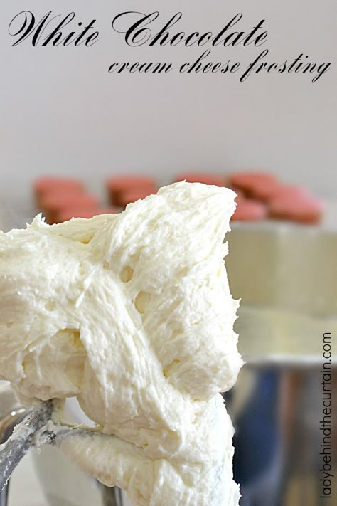 White Chocolate Cream Cheese Frosting | This creamy frosting is not too sweet and is the perfect compliment to a strawberry cake or cupcakes!  With ingredi White Cake Cream Cheese Frosting, Soft Gingersnaps, White Chocolate Cream Cheese Frosting, White Chocolate Icing, White Chocolate Cream, White Chocolate Frosting, Creamy Frosting, Icing Recipes, Chocolate Cream Cheese Frosting