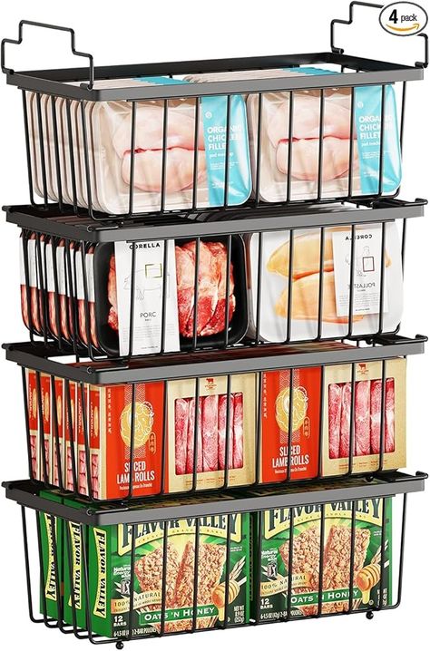 Amazon.com: coobest Freezer Organizer Bins - 4 Pack Stackable Chest Freezer Organizer for 7 Cu.FT Deep Freezer Sort Frozen Meats | Deep Freezer Organizer Bins Get Food Easily with Handle（Black） : Home & Kitchen Deep Freezer Organization, Chest Freezer Organization, Freezer Organizer, Storing Onions, Work Recipes, Deep Freezer, Pantry Baskets, Freezer Organization, Organizer Bins