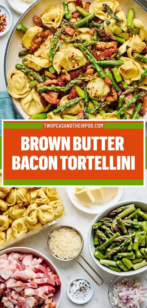 Here's a delicious dinner idea to try for tonight: Brown Butter Bacon Tortellini. It starts with cheese tortellini, bacon, asparagus, Parmesan cheese, and brown butter sauce. Pin this comfort food recipe! Bacon Tortellini, Cheese Tortellini Recipes, Bacon Asparagus, Easy Asparagus Recipes, Bacon Dinner, Bacon Sauce, Brown Butter Sauce, Asparagus Bacon, Simple Pasta