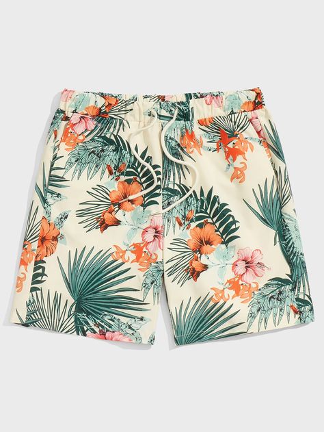 Multicolor Boho Collar  Fabric Tropical Straight Leg Embellished Non-Stretch  Men Bottoms Tropical Outfit, Drawstring Waist Shorts, Boho Fabric, Bandana Hairstyles, Print Shorts, Active Shorts, Stretch Shorts, Vacation Beach, Drawstring Shorts