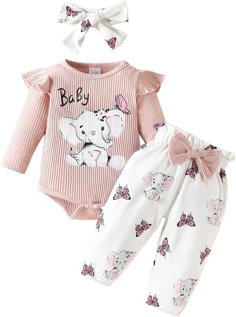 Amazon.com: Newborn Baby Girl Clothes Elephant Outfit Ruffle Long Sleeve Ribbed Romper Top Cute Bow Pants Set with Headband: Clothing, Shoes & Jewelry Elephant Outfit, Bow Pants, Ribbed Romper, Newborn Baby Girl Gifts, Baby Girl Clothes Winter, Winter Baby Clothes