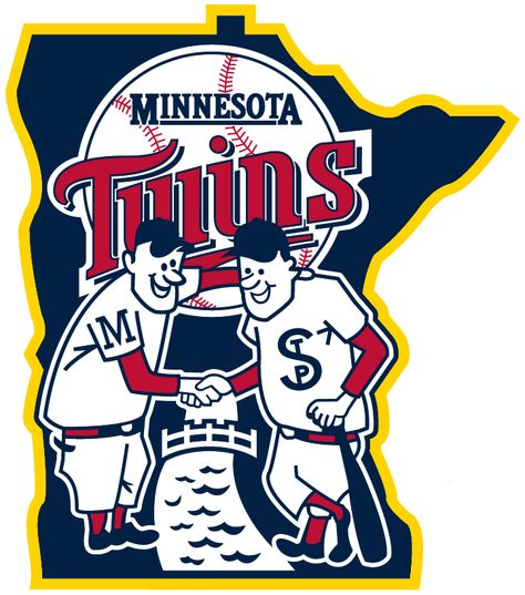 Minnesota Twins Alternate Logo (2002) - Minnie & Paul shaking hands over river on state of Minnesota Sports Figures, Minnesota Twins, Logos, Twins Logo, Minnesota Twins Baseball, Twins Baseball, Mlb Logos, Vintage Twins, Champion Logo