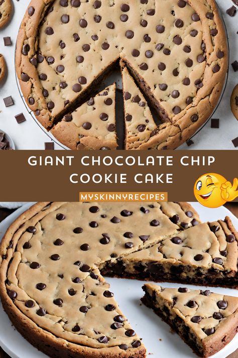 Giant Chocolate Chip Cookie Cake: 🍪 Indulge in a mouthwatering twist on the classic cookie! Cream butter, sugars, eggs, and vanilla, fold in flour, baking soda, salt, and chocolate chips, then press into a pan and bake until golden. Decorate as desired for a show-stopping dessert that's perfect for any celebration. Pin it now for your next baking adventure! 📌 #Giant Chocolate Chip Cookie Cake #myskinnyrecipes Pan Cookies Chocolate Chip, Big Cookie Cake, Large Cookie Cake, Large Chocolate Chip Cookies, Giant Cookie Recipe, Jumbo Cookies, Big Chocolate Chip Cookies, Giant Cookies, Chip Recipes