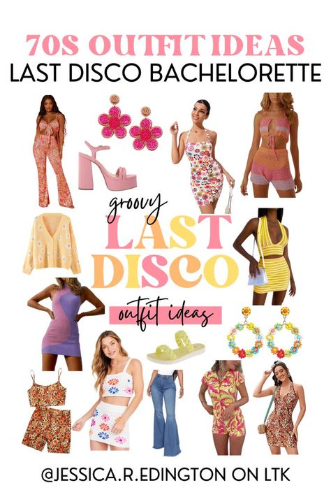 70s Theme Bachelorette Party, Groovy Outfit Ideas, 70s Theme Outfit, Hippie Bachelorette Party, Disco Inspired Outfits, Outfit With Flowers, Bachelorette Party Outfit Themes, 70s Outfits Party, Bachelorette Party In Nashville