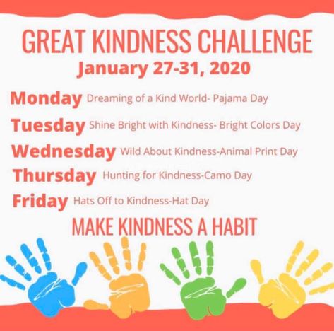 Pta Kindness Week, Student Council Kindness Ideas, Start With Hello Spirit Week, Pta Spirit Week Ideas, Elementary Spirit Days, Cultivating Kindness Nursing Home Week, Elementary Kindness Club, Kindness Week Elementary School, Kindness Week Preschool