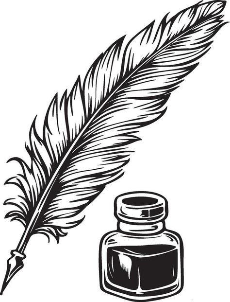 Quill Pen and Ink Bottle. Ink Pot And Quill Tattoo, Quill And Ink Tattoo, Quill Tattoo, Quill Pen, Ink Well, Ink Bottle, Heart Tree, Logo Banners, Cityscape Photos