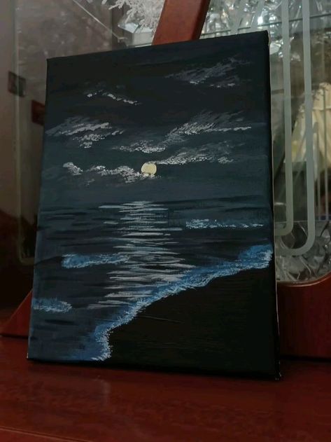 Black Sea Painting, Moon Art Canvas, Blue Landscape Painting Easy, Calm Painting Ideas, Galaxy Painting On Canvas, Painting Ideas On Canvas Oil Paint, Easy Dark Paintings For Beginners, Mystical Painting Ideas, Dark Water Painting