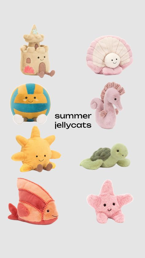 #jellycat #summer Sand Castle Jellycat, Summer Jelly Cats, Beach Jellycat, Preppy Jellycat, Jelly Cats Stuffed Animals, Tankini Swimsuits For Teens, Summer Shuffles, Ocean Room Decor, Beachy Room Decor