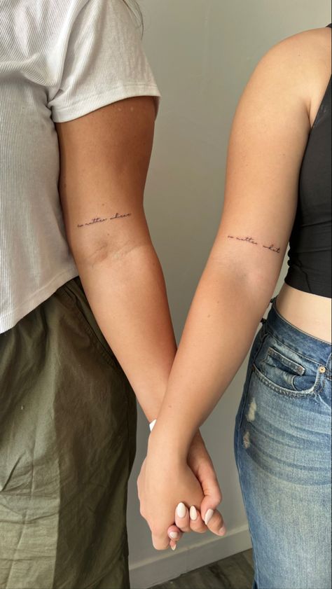 fine line tattoo #matchingtatto #finelinetattoodesign Mandalas, Friend Fine Line Tattoo, Fine Line Matching Tattoo Sister, No Matter When Tattoo, Fine Line Couple Tattoo, Fineline Tattoo Ideas Simple, Fine Line Tattoo Writing, Fine Line Best Friend Tattoos, Fine Line Sister Tattoo