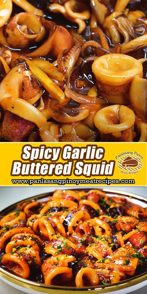 Spicy Garlic Buttered Squid is a tantalizing seafood dish where tender squid rings are sautéed with fragrant garlic, bathed in a delectable sweet and spicy sauce #SpicySquid #GarlicButteredSquid😋 Whole Squid Recipes, Filipino Squid Recipe, Squid Rings Recipe, Sauteed Squid, Seafoods Recipe, Spicy Calamari, Cooking Octopus, Cooking Squid, Squid Rings