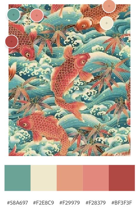 Crazy Rich Asian Color Palette, Asian Colors Palette, Japanese Colors Palette, Koi Pond Color Palette, Asian Colour Palette, Koi Fish Color Palette, Koi Color Palette, Japanese Art Color Palette, Traditional Japanese Color Palette