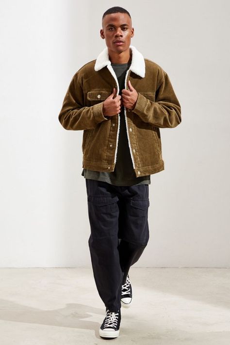 BDG Corduroy Sherpa Trucker Jacket | Urban Outfitters Sherpa Trucker Jacket Outfit, Teen Guy Style, Corduroy Outfits, Trucker Jacket Outfit, Skater Style Men, Sherpa Jacket Outfit, Mens Outfits Streetwear, Sherpa Trucker Jacket, Guy Style