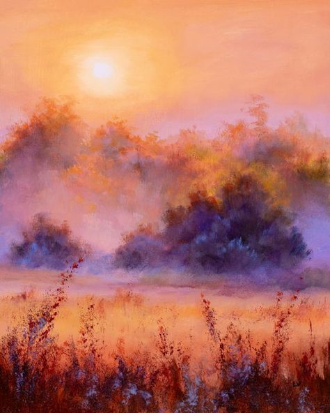 Foggy Meadow, Prairie Sunset, Acryl Art, Crop Field, Abstract Trees, Realistic Oil Painting, Misty Morning, Wheat Field, Rustic Dining Room