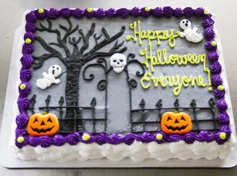 A Halloween sheet cake! Cake # 047 . Decorated Sheet Cakes, Halloween Sheet Cake, Holloween Cake, Graveyard Cake, Ghosts For Halloween, Halloween Torte, Pasteles Halloween, Red Birthday Cakes, Postres Halloween