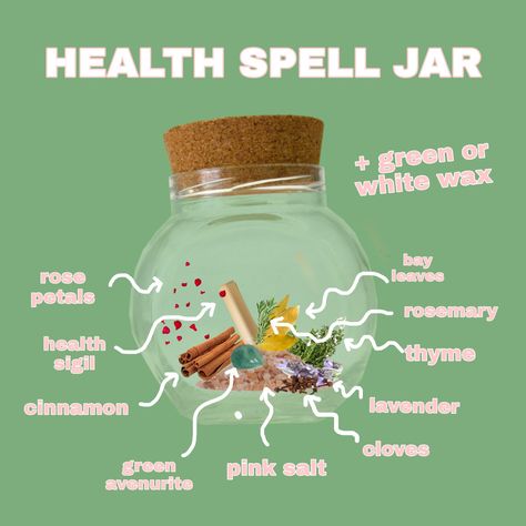 Spell Jars For Health, Spell For Good Health, Good Grades Spell Jar, Health Spell Jar, Spell Jars Recipes, Jar Witchcraft, Spells Jars, Potion Jars, Health Spell