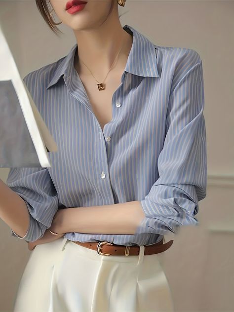 Elegant Striped Button Front Shirt, Long Sleeve Shirt For Office & Wor – Kkboxly™ Working Dress, Work Attire Women, Casual Work Outfits Women, Corporate Wear, Secret Rooms, Classy Work Outfits, Fashionista Clothes, Stylish Work Outfits, Modest Fashion Outfits