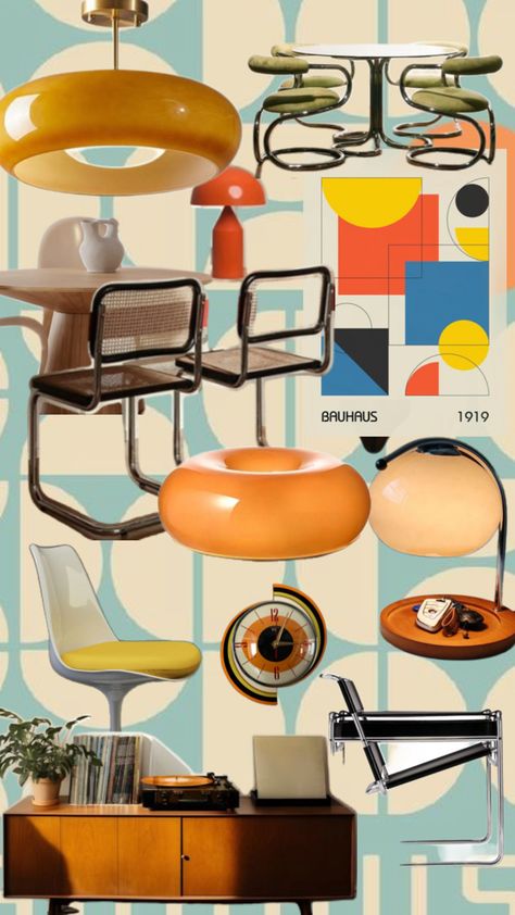 Bauhaus 🛋️🟠 Bauhaus Room Design, Bauhaus Interior Bedroom, Bauhaus Moodboard, Bauhaus Bedroom, Retro Futurism Interior, Bauhaus Interior Design, Bauhaus Interior, Moodboard Deco, 70s House