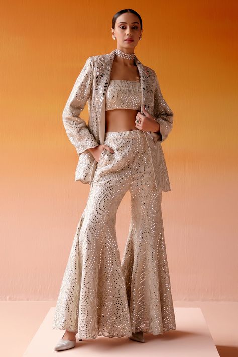 Shop for these amazing collections of Ivory Georgette Embroidered Mirror Notched Lapel Scalloped Coat Jacket For Women by Twenty Nine online at Aza Fashions. Intricate Mirror, Beadwork Embroidery, Wear Crop Top, Scalloped Edges, Jacket Pattern, Bride Bridal, Indian Outfits, Aza Fashion, Indian Dresses