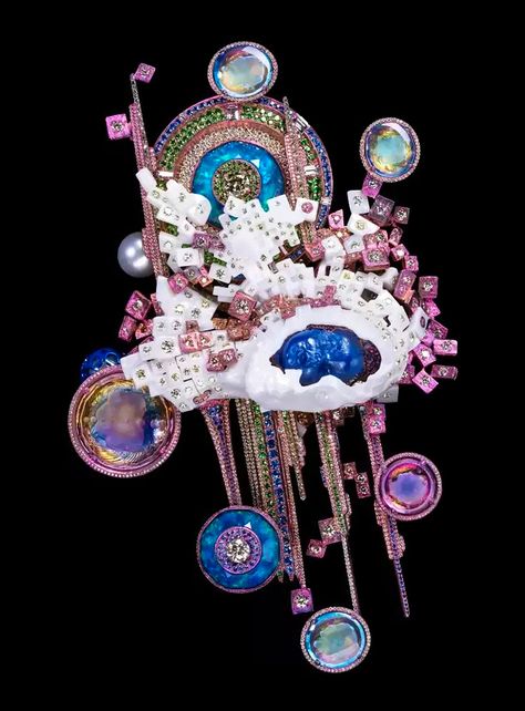 MIND PUZZLE, 2019: Brooch with Yellow Diamond, Lapis Lazuli, Amethyst, Opal, Diamond, Blue Topaz, Ametrine, Pearl, Sapphire, Tsavorite Garnet, The Wallace Chan Porcelain and Titanium Wallace Chan, Mind Puzzles, Tsavorite Garnet, Colored Gems, Tutti Frutti, Yellow Diamond, High Jewelry, Ring Necklace, Lapis Lazuli