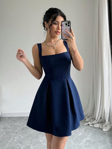 Dark Blue Dress Mid Length, Halter Graduation Dresses, Simple Navy Dress, Navy Blue Dress Short Formal, Wedding Guest Short Dresses, School Dance Dresses 8th Grade Casual, Navy Blue Knee Length Dress, Short Square Neck Dress, Simple Yet Elegant Dress