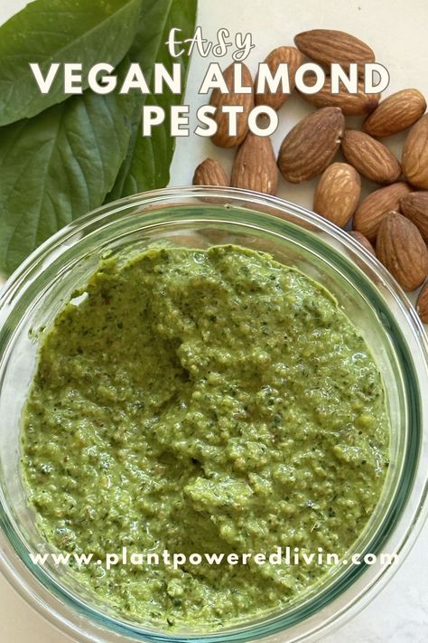 Glass jar of vegan almond pesto with toasted almonds and basil on the side of the jar. Almond Pesto Recipe, Vegan Pesto Recipe, Vegan Pesto Pasta, Gluten Free Pesto, Almond Pesto, High Protein Vegan Recipes, Vegan Pesto, High Protein Vegan, Pesto Recipe