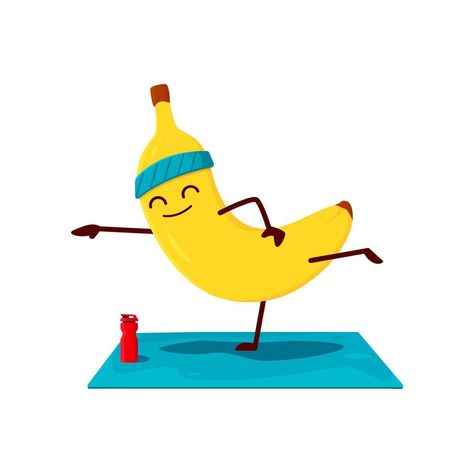 Cartoon funny banana character on yoga or pilates Yoga Pictures Cartoon, Yoga Cartoon Funny, Banana Split Cartoon, Banana Character, Yoga Illustration Funny, Banana Cartoon, Monkey With Banana Cartoon, Funny Banana, Cartoon Funny