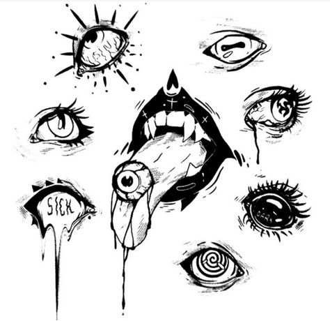 Body Disfigurement Art, Dark Trippy Drawing Ideas, Eyeball Sleeve Tattoo, Horror Eyes Art, Creepy Eyeball Tattoo, Dark Spooky Tattoos, Creepy Eyes Tattoo, Witchy Sketches Easy, Dark Aesthetic Tattoo Ideas