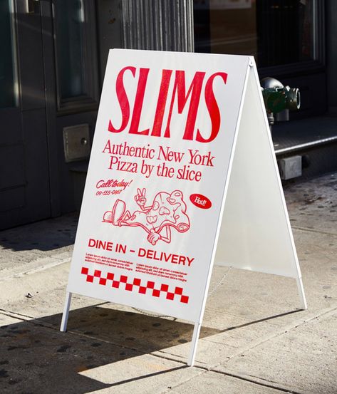 Slims Pizza — Blake Scott Design Pizza Shop Branding, Pizza Branding Design, Pizza Shop Design, Pizza Graphic Design, New York Pizzeria, Diner Branding, Pizza Menu Design, Diner Design, Pizza By The Slice