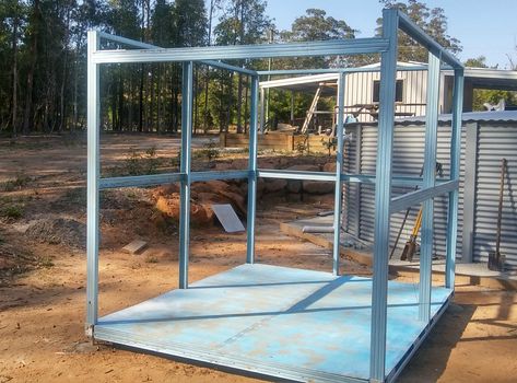 Diy Metal Shed, 4x8 Shed, Diy Concrete Slab, Garden Shed Storage, Metal Stud Framing, Shed Frame, Floor Panels, Wall Dividers, Aggregate Concrete