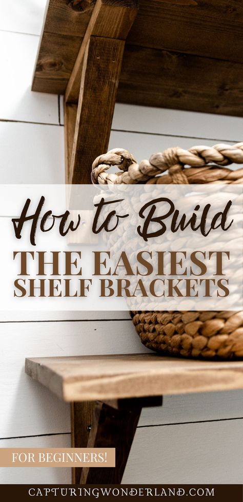 Wooden Shelves With Brackets, Diy Easy Shelf Ideas, Rustic Wood Shelf Ideas, Easy Wood Shelf, Making Shelf Brackets, Kitchen Shelf Brackets Ideas, How To Build A Shelf On The Wall, Shelf Hardware Ideas, Diy Decorative Shelf