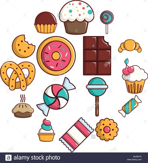 Descargar este vector: Dulces Tartas de Golosinas, conjunto de iconos de estilo de dibujos animados - MJWDT5 de la biblioteca de Alamy de millones de fotografías, ilustraciones y vectores de alta resolución. Candy Icon, Candy Clipart, Cake Icon, Cookie Clipart, Cake Vector, Sweets Candy, Abstract Cloud, Candy Cakes, Colorful Candy