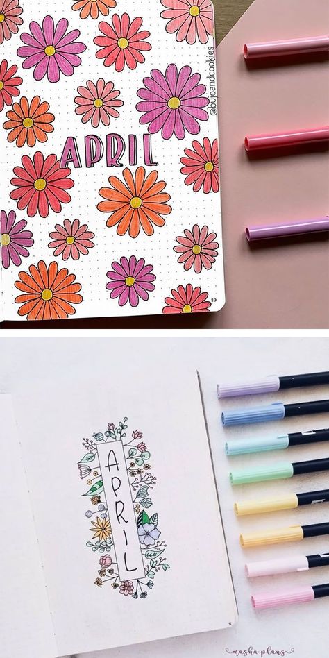 April Dot Journal Ideas, Flower Page Design, April Journal Cover Page, April Dot Journal, April Monthly Spread Bullet Journal, April Bullet Journal Ideas Layout, Bullet Journal Ideas April Cover, April Title Page Bullet Journal, Bullet Journal Themes April