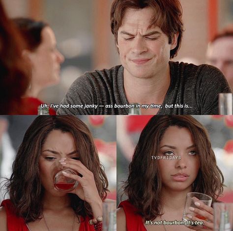 Love me some Bourbon Tvd Friendship, Tvd Funny Moments, Vampire Diaries Bonnie And Damon, Vampire Diaries Season 7, Damon And Bonnie, Tvdu Memes Funny, Tvd Memes Funny So True, Bonnie Bennet, Vamp Diaries