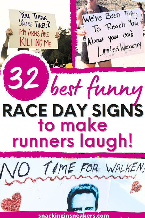 A collage of three funny race day signs for runners with a text overlay that says best funny race day signs to make runners laugh. Marathon Race Signs Funny, Half Marathon Support Signs, Racing Signs Ideas, Running Spectator Signs, Cross Country Signs Ideas Funny, Funny Signs For Marathon Runners, 5k Race Signs, Funny Racing Quotes, Signs For Runners Cheer