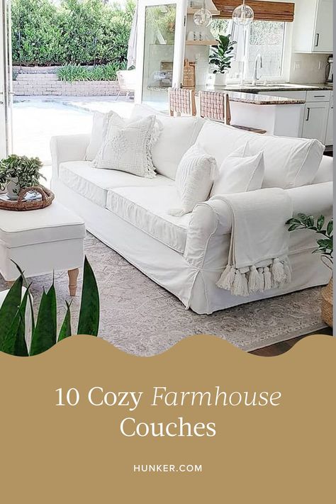 Boasting pleated skirts, tufted backs, rolled arms, and soft colors, farmhouse sofas are the perfect example of this juxtaposition between comfy and chic. Keep reading for the top 10 sofas that are just as cozy as they are elevated. #hunkerhome #cozysofaideas #farmhousesofa #farmhousecouchideas Living Room Couches Farmhouse, French Country Sofa Couch, French Chic Living Room Ideas, Farmhouse Style Couch, Cottage Couches Living Room, Country Sofas Farmhouse Couch, Modern Farmhouse Couches, Soft Sofa Comfy Couches, Soft Couches Sofas