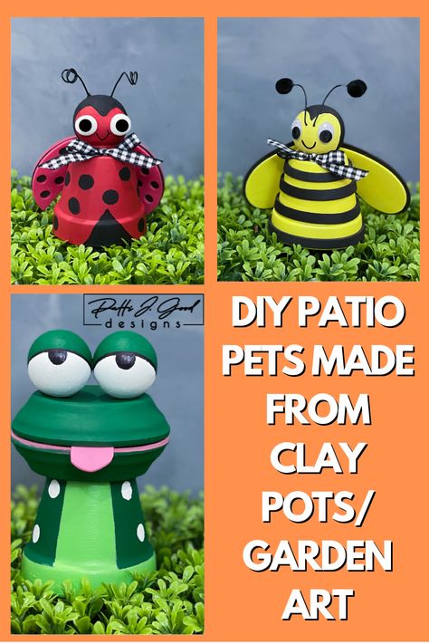 Clay Pot Patio Pets/Flower Pot Decor/Garden Art DIY Diy Outdoor Frog Decor, Frog Yard Art Garden Ideas, Clay Pot Garden Ideas, Crafts With Flower Pots, Clay Pot Ladybug, Ladybug Flower Pot, Diy Clay Pot People, Clay Pot Ideas Diy Projects, Clay Pot Frog