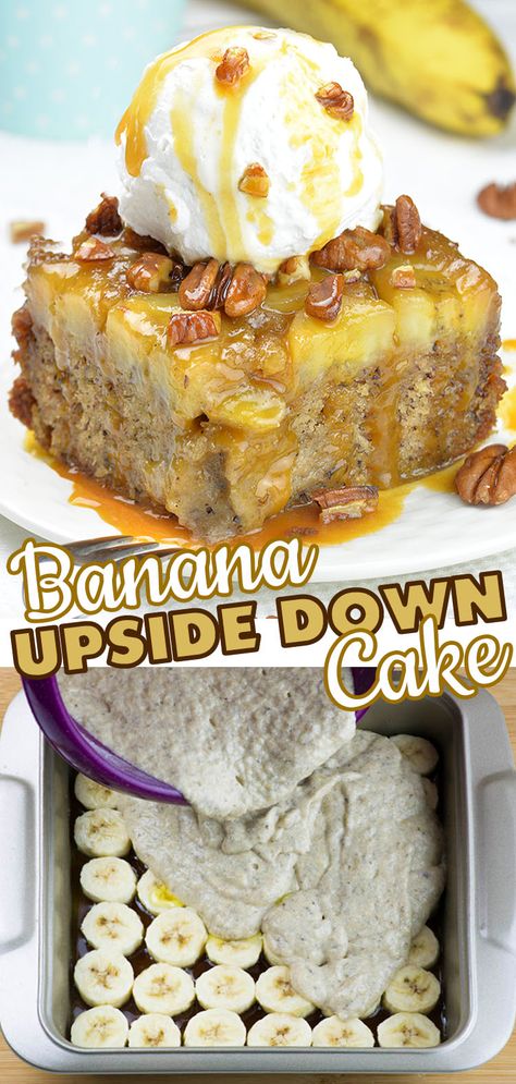 Up Side Down Banana Cake, Banana Upside Down Cake With Box Cake, Carmelized Banana Dessert, Banana Foster Upside Down Cake, Bananas Foster Desserts, Banana Food Ideas, Nutella Banana Boats, Banana Deserts Recipes, Banana Dump Cake Recipes