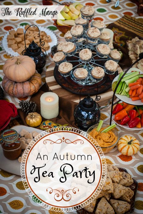 Spring and summer tea parties are marvelous, but an autumn tea party has a sort of special magic about it. Autumn Tea Party, Tea Party Menu, Vintage High Tea, Tea Party Sandwiches, Books And Tea, Fall Tea, Ladies Tea, Hosting Ideas, Autumn Afternoon