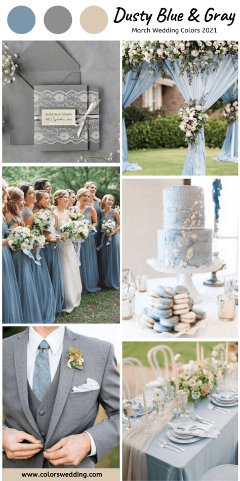 Dusty Blue And Dark Grey Wedding, Blue Grey Wedding Colors, Dusty Blue And Grey Wedding, Blue And Grey Wedding, Blue Gray Wedding, March Wedding Colors, Blue And Gray Wedding, Grey Wedding Theme, Wedding Color Palettes